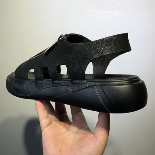 Summer Mens Thick Platform Beach Sandals Zipper Genuine Leather Sansals Streetwear Casual Shoes Flats Gladiator Sandalias Black