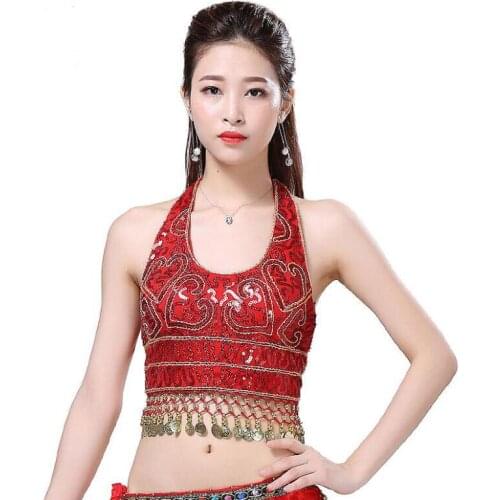 Stage laces hanging neck dance sequins performance tops dance costumes