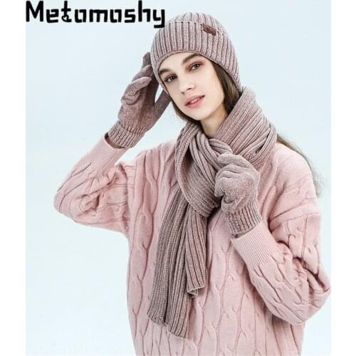 2020 Winter Accessories 3 Pcs Knitted Hat Scarf Gloves Set for Women Men Warm Ears Knit Skullies Beanies Female Hats for Girls