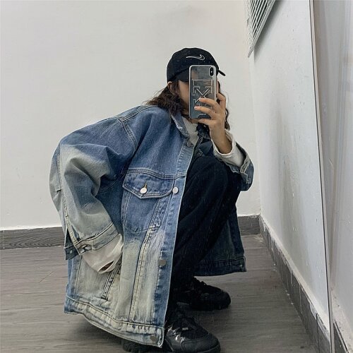 Autumn Vintage Color Contrast Tie-dye Print Denim Jacket Women Streetwear Casual Harajuku Long Sleeve Female Jeans Basic Outwear