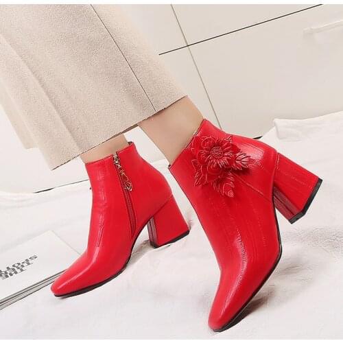 2021 Autumn Womens Ankle Boots Square Toe Winter Shoes Ankle Boots Black Red Handmade Short Boots Ladies Shoes Large Size 45