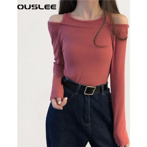 OUSLEE Womens T-shirts Hollow Out Patchwork Fashion Off Shoulder Tees Tops Spring Autumn Chic 2021 Solid Colors Female T Shirts