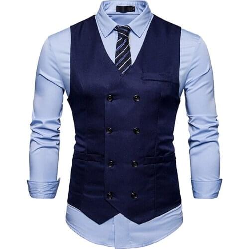 Double Breasted Navy Blue Vest For Business Men Slim Fit Mens Suit Vests Male White Waistcoat Gilet Homme Sleeveless