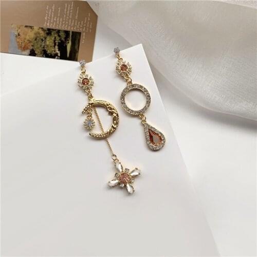 Asymmetric Baroque Big Star Moon Clip Earrings Statement Elegant Rhinestone Long Tassel Clip Earrings Without Piercing Party