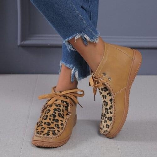 Leopard Patchwork Women Ankle Boots Retro PU Leather Boots Platform Casual Ladies Shoes Lace Up Round Toe Plus Size 35-43 Shoes