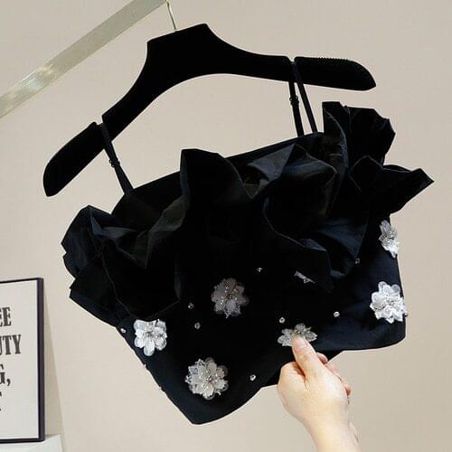 Camisloe for Women New Beads Diamond-Embedded Sweet Tridimensional Flower Back Zipper Pleated Ruffles Short Tank Tops Girl Lady