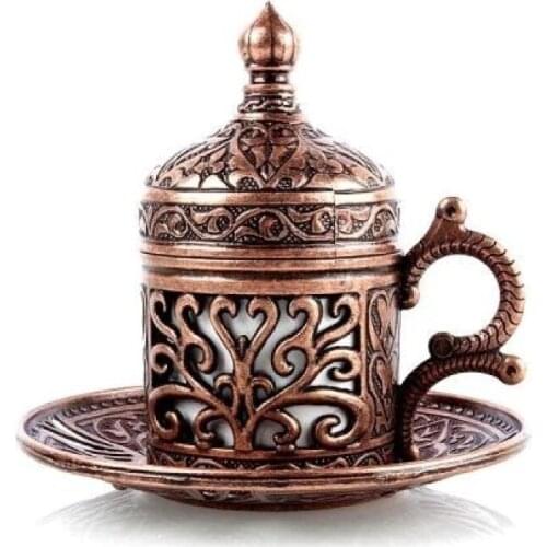 Turkish Coffee Cup Copper Handmade Decorative OttomanAuthentic Design Espresso 1 Service, Cups Lids Tray Delight Candy Dish GIFT