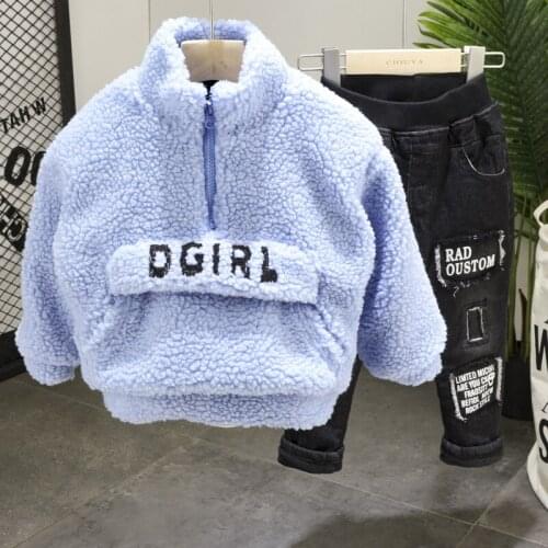 Childrens Clothing 2020 Autumn Winter New Arrival Kids Fashion Suits Korean Lambswool Sweatshirt Letter Jeans 2pcs For Boys