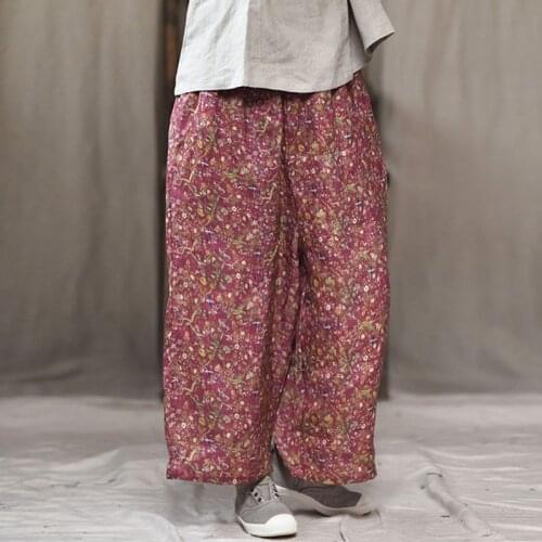 Johnature Women Summer Wide Leg Pants Vintage Print Floral Elastic Waist 2021 New Loose Original Female Soft Casual Pants