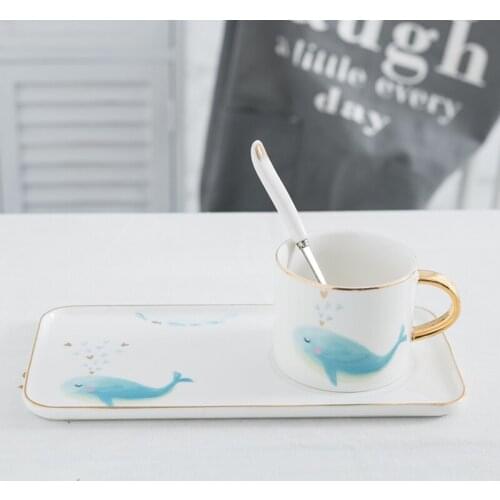 Brief stylish cartoon blue whale coffee cup Beautiful little fresh cake dessert plate black tea cup