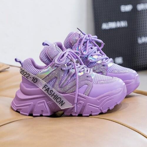 Thick Sole Women Chunky Sneakers New Fashion Purple Sports Shoes Luxury Bling Rhinestone Womens Casual Shoes Ladies Trainers