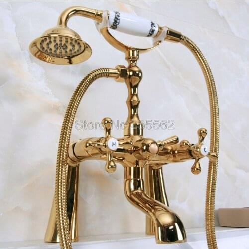 Gold Color Brass Clawfoot Bath Tub Faucet w/Hand Shower Deck Mounted lna150