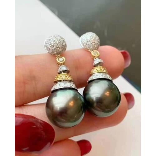 M1127 Solid S925 Sterling Silver Round 11-12mm Fresh Water Black Pearls Drop Dangle Earrings for Women Fine Presents