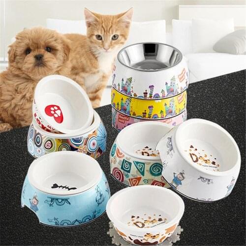 Melamine Bowl Pet Stainless Steel Feeding Food Drinking Water Dish Puppy Cartoon Patterns Feeder With Base Cat Non-slip Bowls