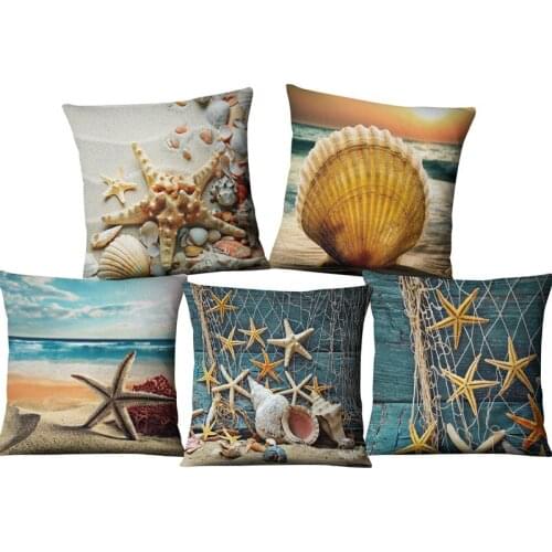 Cotton Linen Pillowcase Starfish Shell Printed Square Cushion Cover Decorative Home Sofa Car Throw Pillows Home Decor