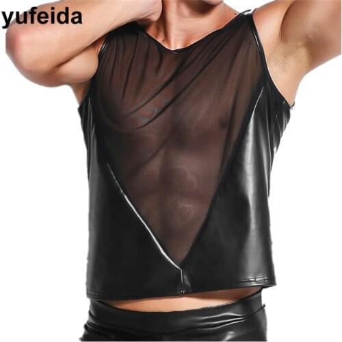 Sexy Mens Underwear PU Leather Mesh Vest O-neck Undershirts Male Gay Breathable Tops Night Stage Dance Clubwear Casual Tees