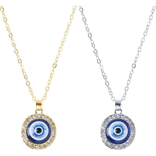 Turkish Crystal Evil Eyes Pendant Necklace For Women European and American Golden Chain Blue Eye Round Drop Shape Necklace