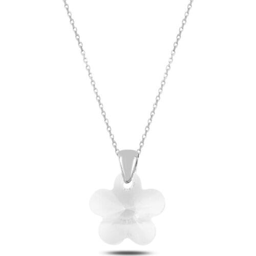 Silverlina Silver Daisy White Crystal Necklace