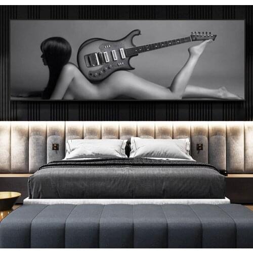 Gray Sexy Nude Woman With Guitar Posters And Prints Wall Art Canvas Painting Modern Naked Girl Picture For Living Room Decor