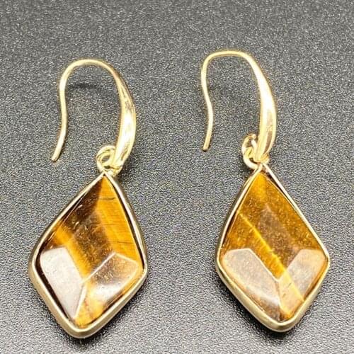 FYJS Unique Light Yellow Gold Color Rhombus Shape Section Tiger Eye Stone Dangle Earrings Lapis Lazuli Jewelry