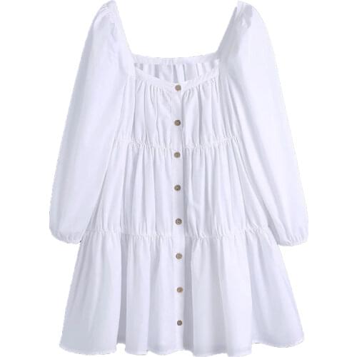 ZA Women 2021 Fashion Ruffled Plaid Mini Dress Vintage Square Neck Puff Sleeve Femal Solid color skirte Dresses Chic