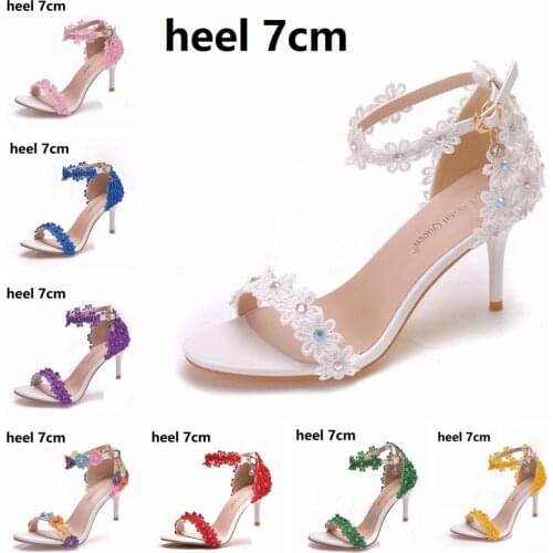 Crystal Queen Women Sandals Summer Shoes 5cm 7cm 9cm High Heels Lace Peep Toes Buckle Strap Woman Party Shoes White Pumps