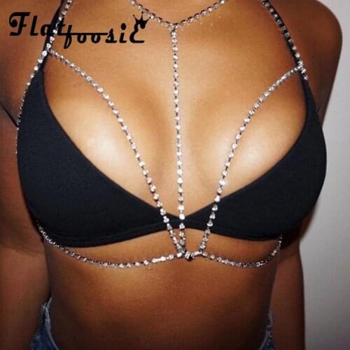 Flatfoosie New Hot Sexy Bling Crystal Bra Body Chains for Women Bikini Body Jewelry Fashion Shine Rhinestone Chest Chain Gift