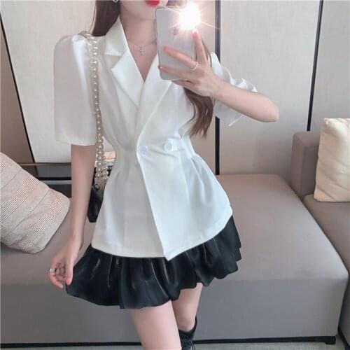 Blazer Two Piece Set Women Skirt Black White Fashion Casual Short-sleeved Suit Jacket 2021 Spring And Summer New Style Blazer