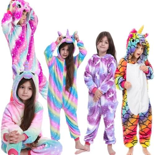 Winter Flannel Boys Kigurumi Panda Cartoon Pajamas Girls Unicorn Pajama Pyjamas Kids for 4-12Years Sleepwear for Girl