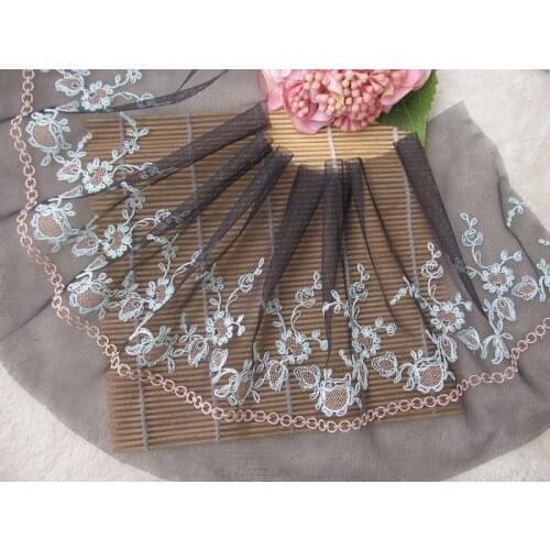 1Yard Embroidered Lace Fabric Mesh Dress Curtain Decor Black Mesh Sky Blue Flowers Trim Tulle Sewing Applique Fabric DIY Craft