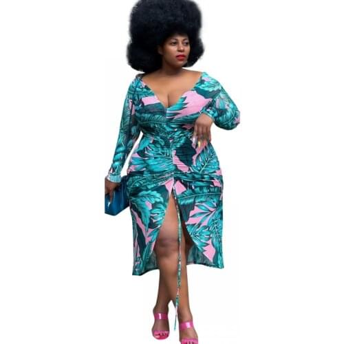 African Dresses For Women Deep V Neck Full Sleeve Gown 2021 New Leaves Print Drawstring Street Style Sexy African Dress Vestidos