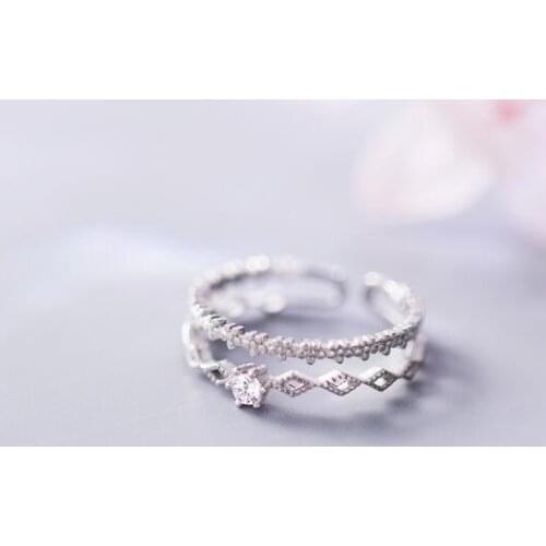 100% Authentic REAL.925 Sterling Silver Fine Jewelry Double Rows/ Flower &CZ Zirconia finger ring GTLJ1525