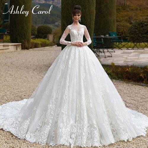 Ashley Carol Ball Gown Wedding Dress 2021 Long Sleeve O-Neck Appliques Lace Up Cathedral Princess Bridal Gown Vestido De Noiva