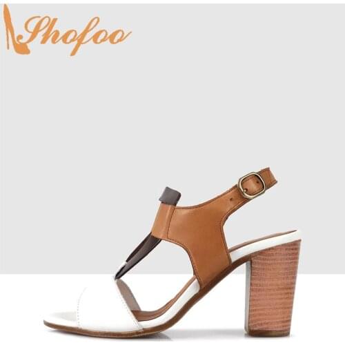 White Brown Patchwork High Chunky Heels Women Sandals Open Toe Buckle Strap Large Size 12 15 Ladies Summer Fashion Shoes Shofoo