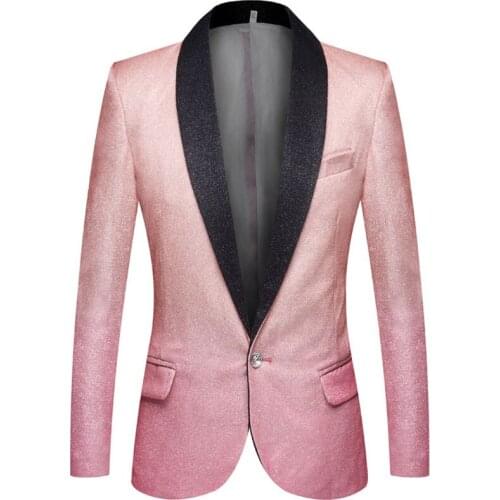Shiny Mens Blazer Gradient Color Patchwork Blazers Men Slim Casual Pink Jacket Wedding Stage Singer Performance Costume Homme