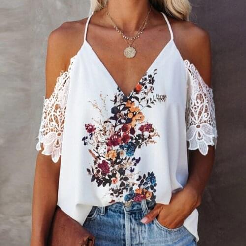 Sexy Print Shirts For Women V Neck Lace Short Sleeve Loose Hit Color Blouses Female Summer Clothing Fashion Tide