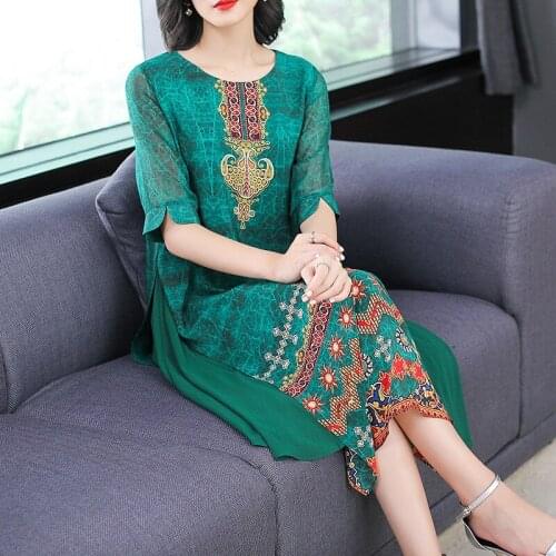 Plus Size Green National Printed Vintage Dress Half Sleeve Vestidos Mujer 4XL 5XL Ladies Elegant Chiffon Dresses