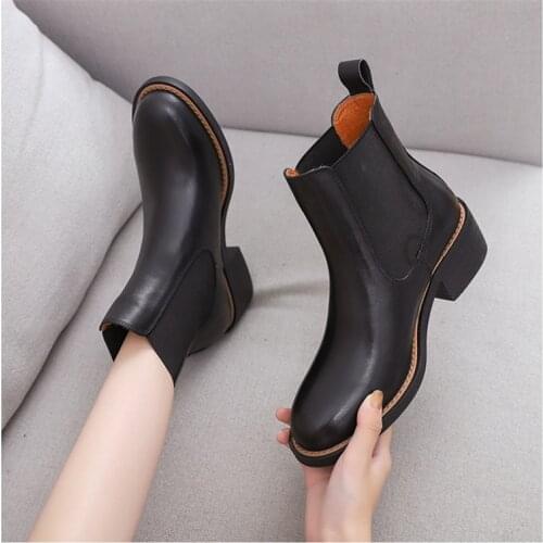 Winter Women Boots Genuine Leather Chelsea Short Boots Thick-soled Thick Heel Round Toe Fashion Slip-On Ankle Boots Martin Boots