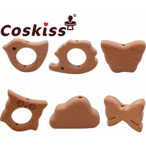 Coskiss 10pcs Beech Wooden Animal Beads DIY Teething Nursing Mom Necklace Food Grade Wood Bead jewelry Making Teethers