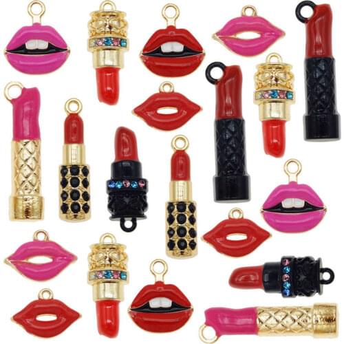 Julie Wang 9PCS Enamel Makeup Charms Mixed Women Lip Lipstick Alloy Gold Tone Necklace Bracelet Jewelry Making Accessory