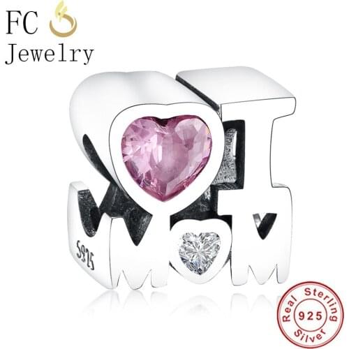 FC Jewelry Fit Original Brand Charm Bracelet 925 Sterling Silver Letter Pink Zircon Heart Bead Making Love Best Mom Berloque