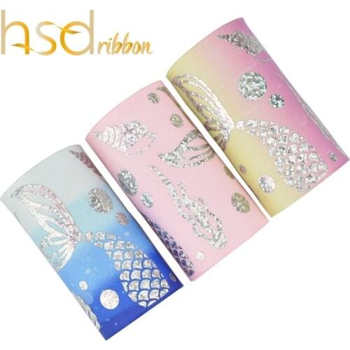 HSDRibbon 75mm 3inch gold laser foil Mermaid series on heat transfer Grosgrain Ribbon