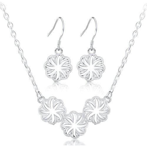 New Popular 925 sterling Silver beautiful Flowers necklace earrings Jewelry sets for women fashion wedding party gifts jewelry