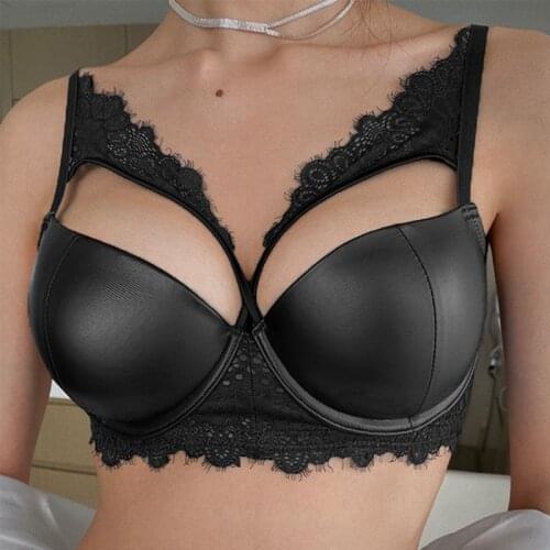 Fashion Nighclub Leather Sexy Bra And Panty Sets For Women Thick Padded Deep V Push Up Lace Underwear Black Ladies Lingerie Set