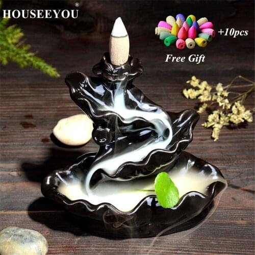 10Pcs Incense Cones + Backflow Incense Burner Incensory Buddha Statue Ceramic Aroma Smoke Censer Zen Room Incense Joss Holder