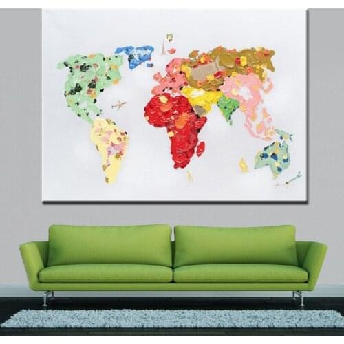 Colorful World Map Oil Painting Hand Painted Modern Abstract Decorative Canvas Picture for Living Room Unframed Wall Art Artwork