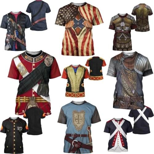 Mens Trendy T-shirt Loose 3D Print Tops for Women Summer Student Short-sleeved Anime Cosplay Medieval Knight Halloween Costume