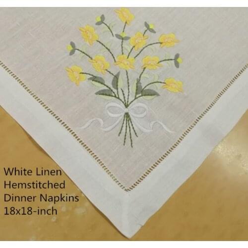 Set of 12 Fashion Dinner Napkins white Hemstitched linen Table Napkin with Color Embroidered Floral Wedding Napkins 18x18-inch