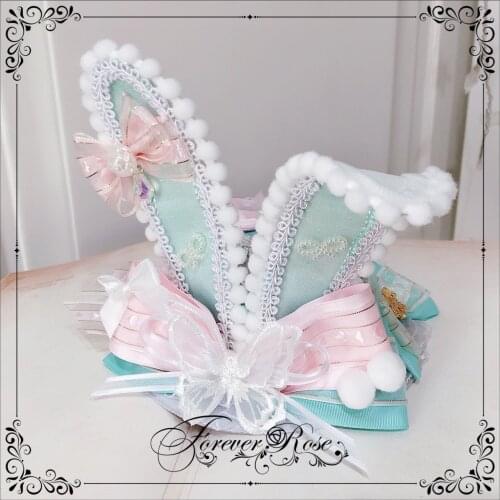 Original Handmade Rabbit Ear Top Hat Mint Pink Lolita Pink and Green Bow Cute Harajuku Sweet Hat