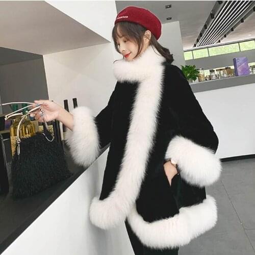 Autumn winter Black and white new medium and long fox fur womens fashion thin warm Rex rabbit fur cape elegant popular coat